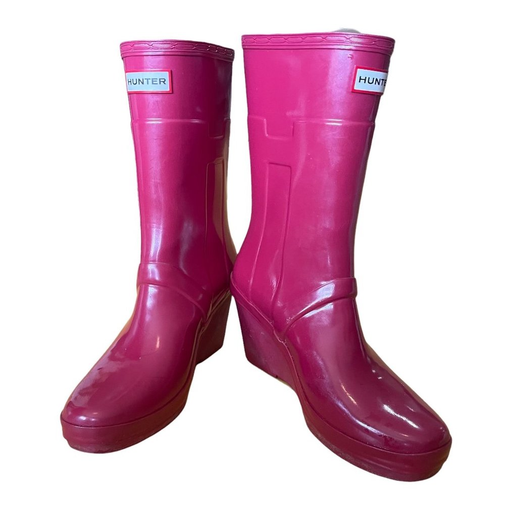 Hunter Wedge Heel Fuchsia Rain Boots Size 6.5